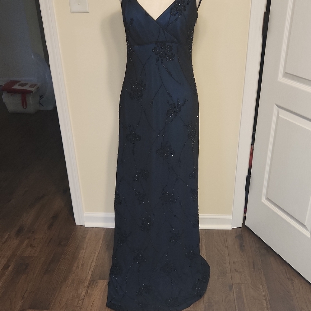 REMINI Elegant Navy Evening Gown With Bead Work.  Size 12